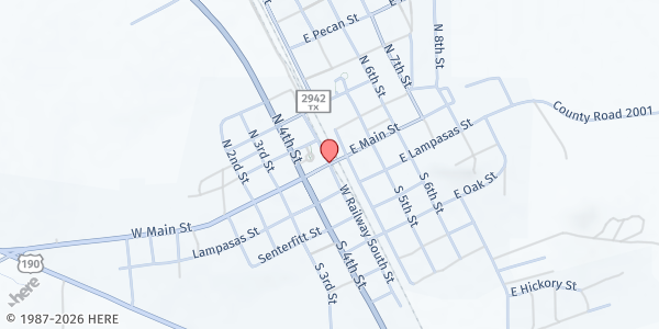 Map showing First Baptist Church Lometa at 107 W. Main St., Lometa, TX