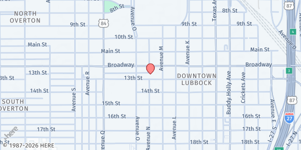 Map showing First UMC Lubbock at 1411 Broadway St., Lubbock, TX