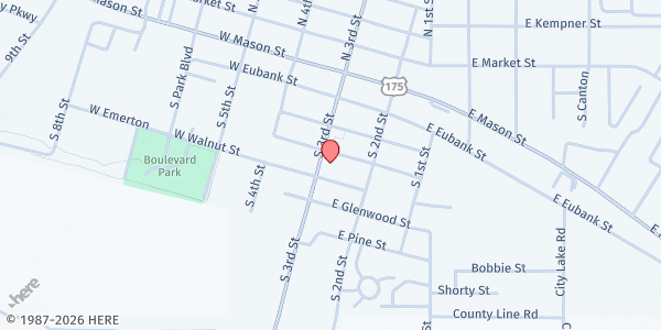 Map showing First Methodist Church of Mabank at 501 S 3rd St, Mabank, TX