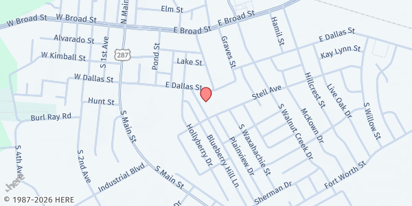 Map showing St. Vincent de Paul at St. Jude Catholic Church at 500 E. Dallas St., Mansfield, TX