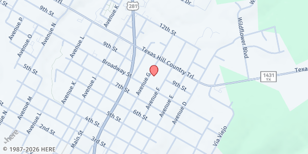 Map showing Church of Christ Marble Falls at 805 Avenue G, Marble Falls, TX
