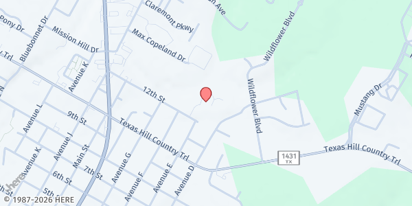 Map showing First Baptist Church Marble Falls at 501 12th St., Marble Falls, TX