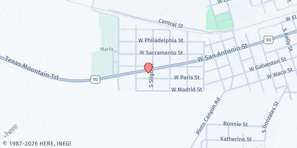 Map showing Marfa Food Pantry, Saluvida Inc. at 1403 W. San Antonio St., Marfa, TX