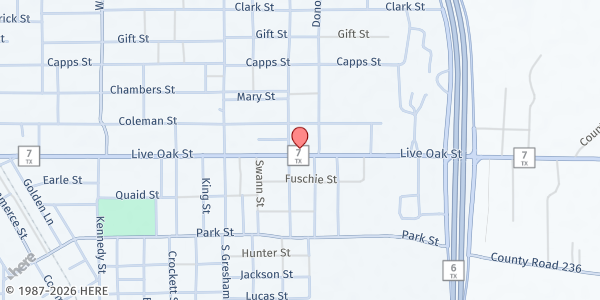 Map showing Gospel Lighthouse Church at 1009 Live Oak St., Marlin, TX