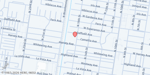 Map showing Bread of Life Market at Calvary Baptist Church at 1600 Harvey Dr., McAllen, TX