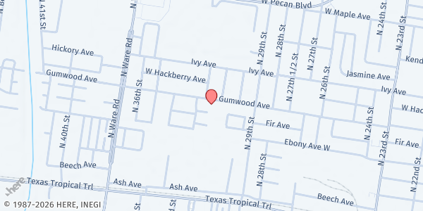 Map showing Templo Calvario at 3115 Gumwood Ave., McAllen, TX