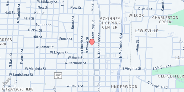 Map showing First UMC of McKinney at 102 W. Lamar St., McKinney, TX