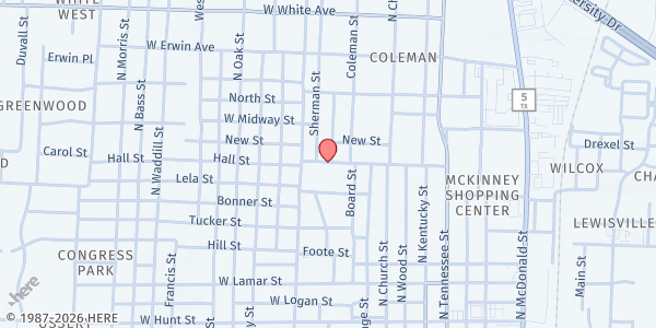 Map showing McKinney Little Free Pantry @ 513 Heard Street at 513 W Heard St, McKinney, TX