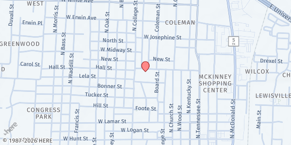 Map showing McKinney Little Free Pantry-Downtown Heard St. at 513 W. Heard St., McKinney, TX