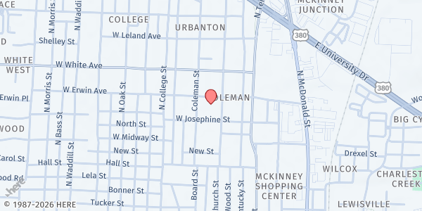 Map showing The McKinney First Baptist Church at 401 W. Erwin Ave., McKinney, TX