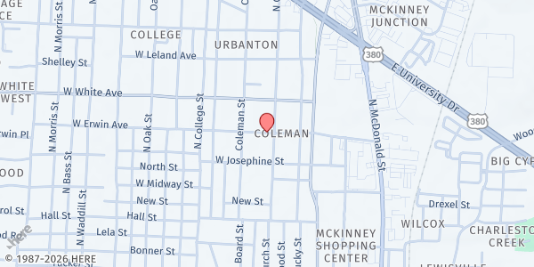 Map showing The McKinney First Baptist Church at 401 W Erwin Ave, McKinney, TX