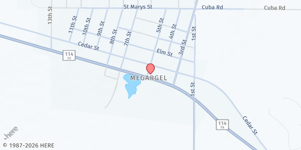Map showing Megargel Food Pantry at 414 5th St, Megargel, TX