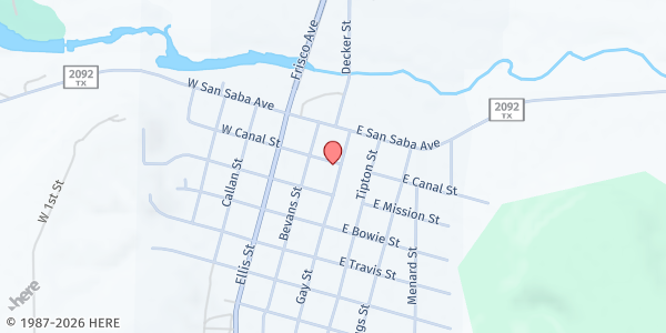 Map showing First United Methodist Church at 201 Gay St., Menard, TX