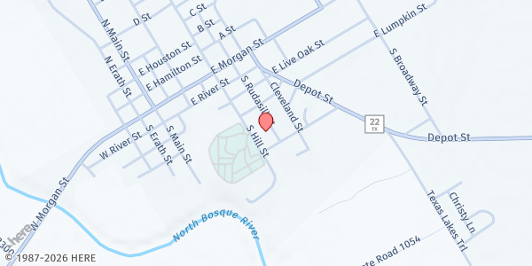 Map showing North Bosque Helping Hands at 415 S. Hill St., Meridian, TX