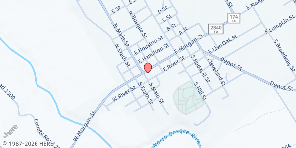 Map showing North Bosque Helping Hands at 415 S Hill Street, Meridian, TX