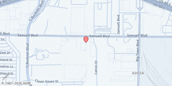 Map showing Buckner Center for Humanitarian Aid at 5405 Shoe Dr., Mesquite, TX