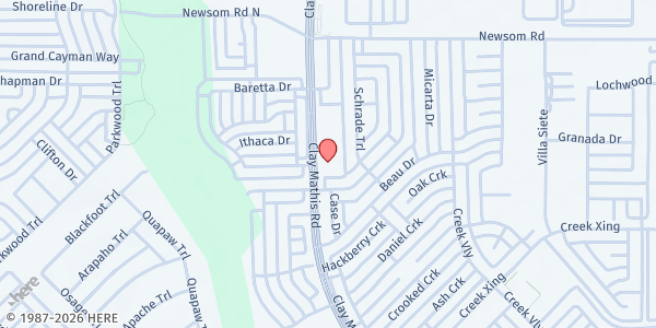 Map showing Crossing Baptist Church at 1060 Clay Mathis Rd, Mesquite, TX