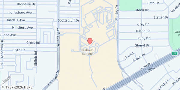 Map showing Dallas College Eastfield Campus at 3737 Motley Drive, Mesquite, TX