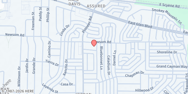 Map showing Jireh's Tabernacle Worship Center at 1228 Newsom Rd., Mesquite, TX