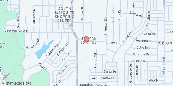 Map showing Mesquite Spanish SDA Community Services at 300 Paza Dr., Mesquite, TX