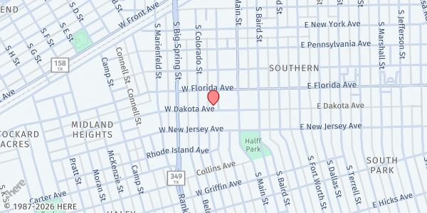 Map showing Area Mission Outreach Service (AMOS) - Midland at 908 S. Loraine St., Midland, TX