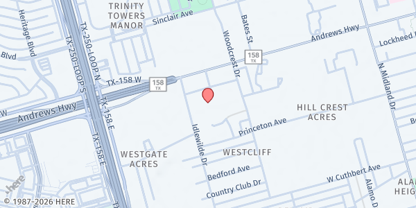 Map showing West Texas Food Bank - Midland at 1601 Westcliff Dr., Midland, TX