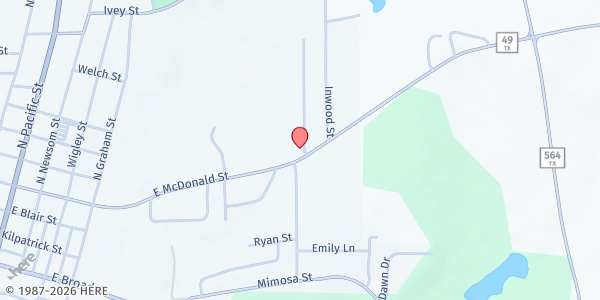 Map showing Bread of Life Ministries at First Baptist Church at 1001 E. McDonald St., Mineola, TX