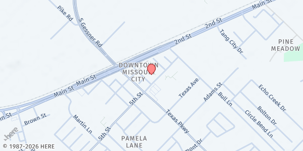Map showing Holy Family Catholic Church at 1510 5th St, Missouri City, TX