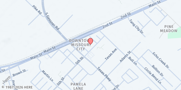 Map showing St. Vincent de Paul - Holy Family Catholic Church at 1510 5th St., Missouri City, TX