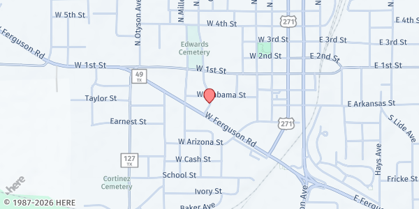 Map showing Titus County Cares Food Pantry at 310 N Edwards Ave, Mt. Pleasant, TX
