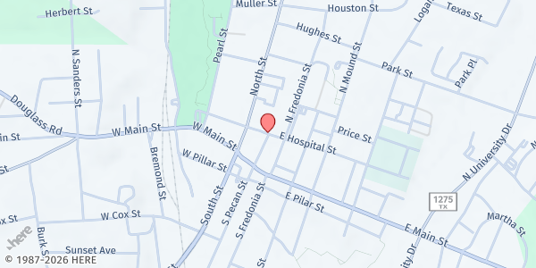 Map showing First United Methodist Church at 201 E. Hospital, Nacogdoches, TX