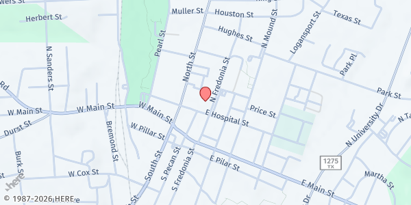 Map showing First United Methodist Church at 201 E. Hospital St., Nacogdoches, TX