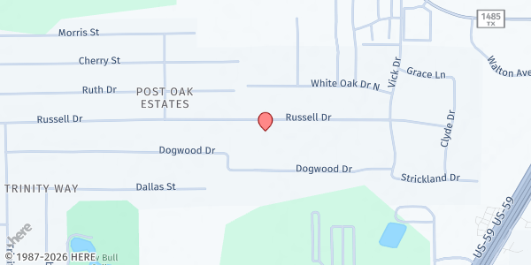 Map showing New Caney Iglesia Adventista at 22116 Russell Dr., New Caney, TX