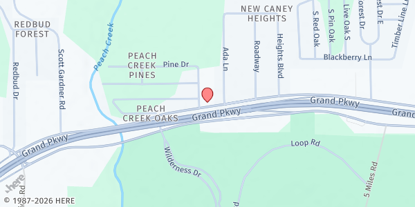 Map showing Peach Creek Baptist Church at 25963 FM 1485 East, New Caney, TX
