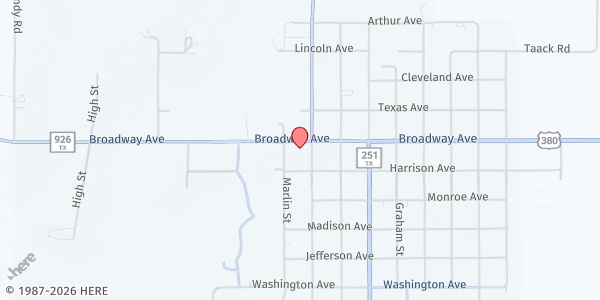Map showing Newcastle Community Food Pantry at 805 Broadway Ave, Newcastle, TX