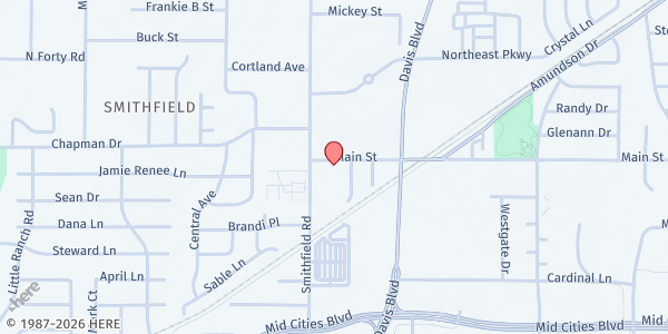 Map showing First Baptist Church Smithfield at 7912 Main St., North Richland Hills, TX
