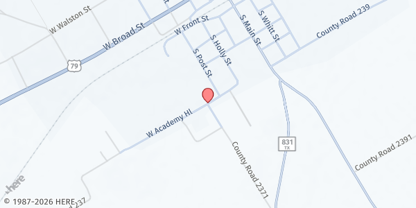 Map showing Oakwood Food Pantry at 807 Academy Hill, Oakwood, TX