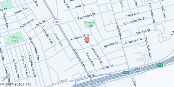 Map showing Manna's Kitchen at 1312 S. Jackson Ave., Odessa, TX