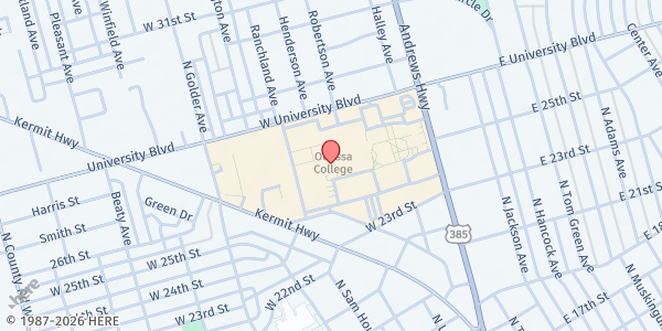 Map showing Odessa College Wrangler Food Pantry - SPUR Building at 201 W. University Blvd., Odessa, TX