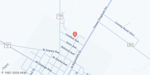 Map showing Mobile Pantry at El Buen Pastor Asamblea De Dios at 306 Voelkel Ave., Orange Grove, TX