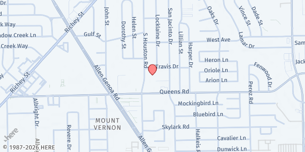 Map showing Pasadena Community Ministries at 2301 S. Houston Rd., Pasadena, TX