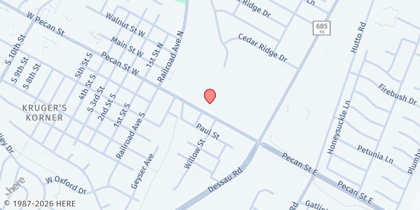 Map showing Pflugerville First UMC at 500 E. Pecan St., Pflugerville, TX