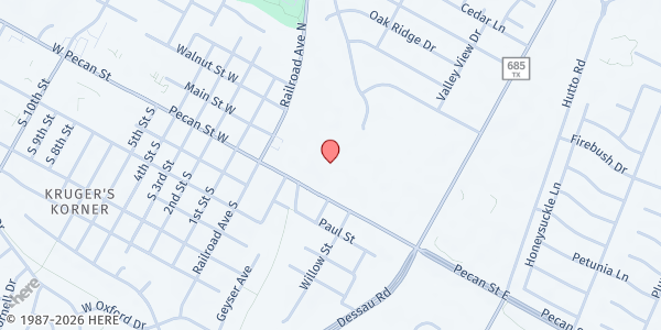 Map showing Pflugerville First United Methodist Church at 500 E. Pecan St., Pflugerville, TX