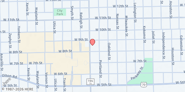 Map showing College Heights Food Pantry at 802 Quincy, Plainview, TX