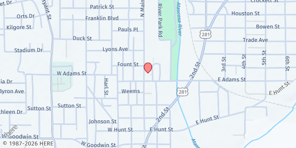 Map showing Bountiful Blessings Food Pantry at 602 N. Main St., Pleasanton, TX