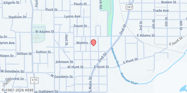 Map showing First UMC Pleasanton at 420 N. Main St., Pleasanton, TX