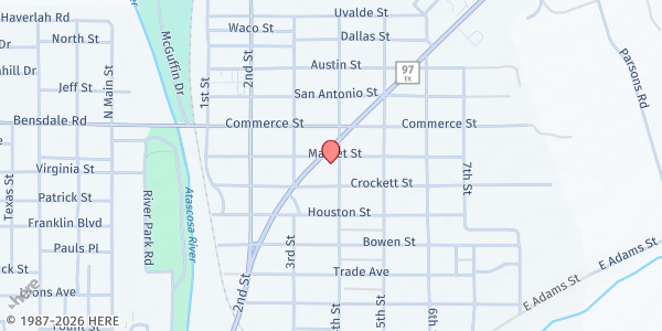 Map showing St. Andrew Catholic Church at 626 Market St., Pleasanton, TX