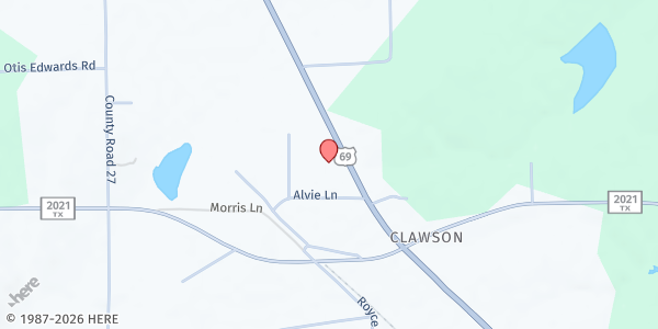 Map showing Clawson Food Pantry at 5569 US Hwy 69, Pollock, TX