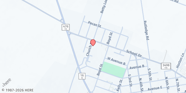 Map showing Hosanna Baptist Church at 237 School Dr., Poteet, TX