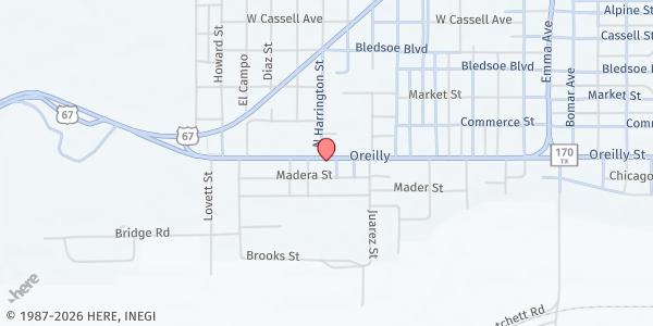 Map showing Presidio Baseball Fields Mobile Pantry at 900 O'Reilly St., Presidio, TX